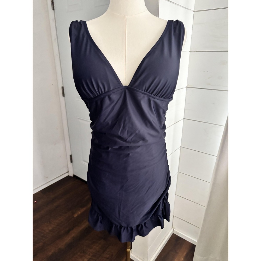 J Crew Swimdress Womens 14 Navy‎ One Piece Ruched Ruffle Hem Skirted V Neck